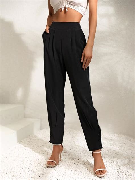 Shein Essnce Pantalone Carota Monocolore Plissettato Tasca Inclinata