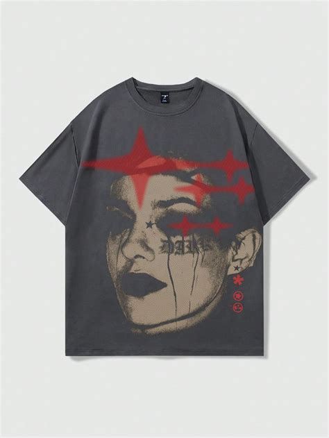 Romwe Grunge Punk Camiseta Masculina De Manga Curta Estampada