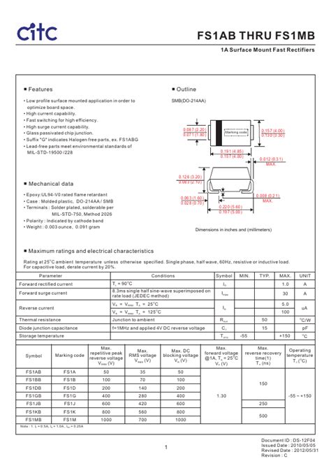 FS1AB CITC Rectifiers Hoja de datos Ficha técnica Distribuidor