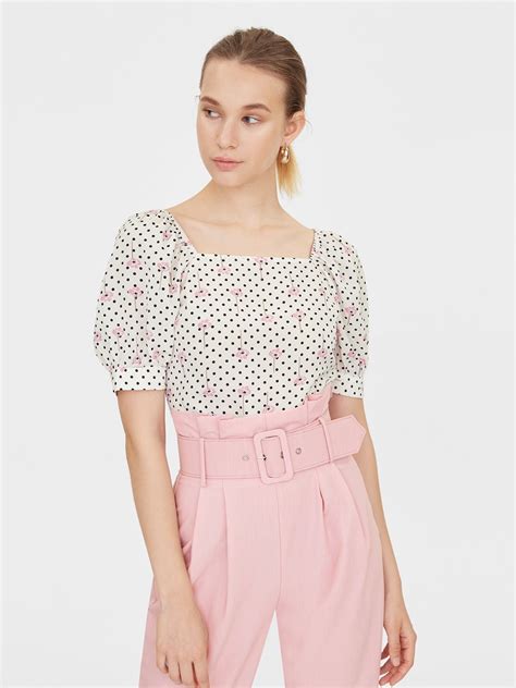 Floral Polka Dot Puffed Sleeve Blouse White Pomelo Fashion