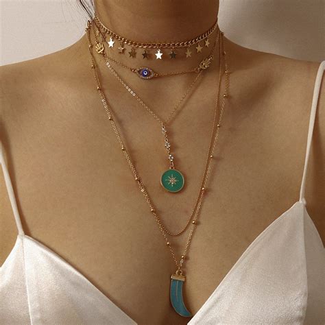 Vintage Boho Layered Necklace 4pc Set Layered Necklaces Initial Pendant Necklace Jewelry