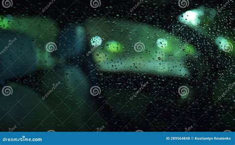 Car Glass In Raindrops Rain In The City Submerged Road Night