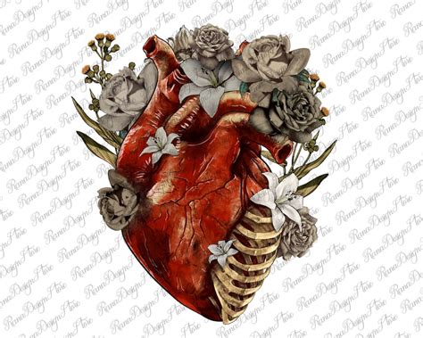 Flower Anatomical Heart Png Sublimation Design Hand Drawn Etsy