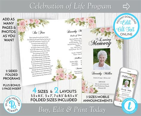 Blush Pink Rose Funeral Program Template Obituaryorder Of Service Template Printable Memorial