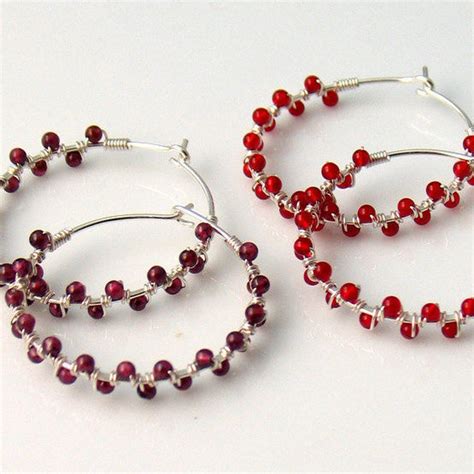 Garnet Or Carnelian Hoop Earrings Red Stone Beaded Jewelry Dark Red