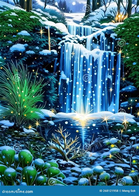 Waterfall Painting with Beautiful Scenery. Landscape with Trees, Rocks ...