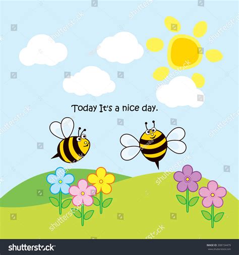 Two Cute Bees Flying Around Flowers Stock Vector Royalty Free