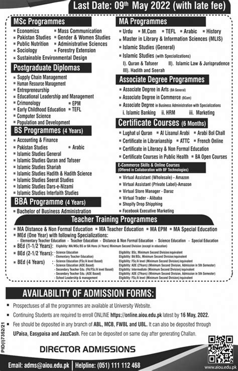 Aiou Announces Master S Ma Msc Admission Online