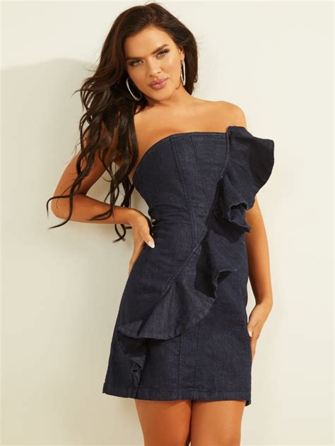 Strapless Denim Ruffle Dress Guess