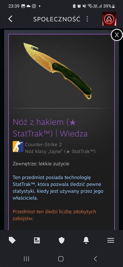 Nóż z hakiem Wiedza StatTrack CS GO2 kosa skin Stan 1500 zł Sklepy