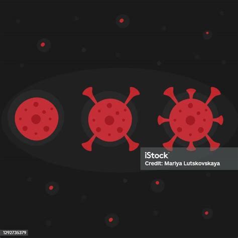 Covid19 突變紅色冠狀病毒特寫微觀視圖進化假體危險感染黑色背景的平面載體卡通隔離圖示向量圖形及更多冠狀病毒圖片 冠狀病毒 畸形