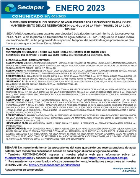 Arequipa Cortes De Agua Escalonados En 8 Distritos Del Martes 11 Al