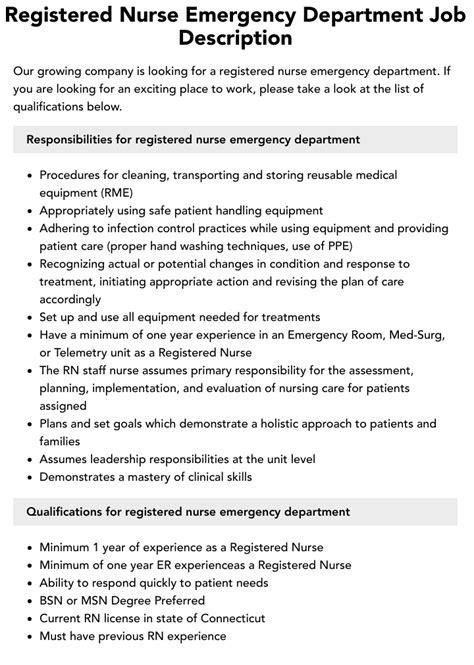 Registered Nurse Emergency Department Job Description Velvet Jobs