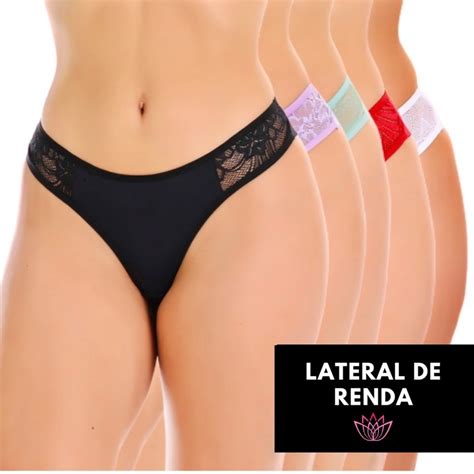 Kit 3 Calcinhas Microfibra Lateral De Renda Tanga Sexy Escorrega