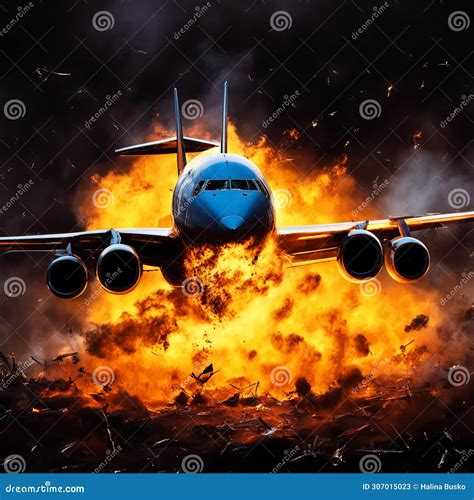 Plane Explosion. Aviation Crash. Fire and Smoke in the Night Sky Stock ...