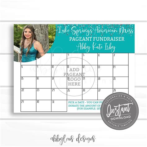 Editable Pageant Fundraiser Calendar Pick A Date To Donate Printable Pageant Fundraiser