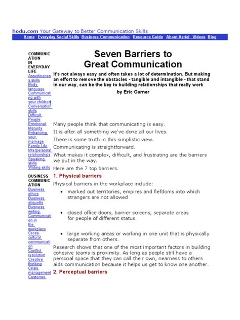 Seven Barriers To Great Communication Pdf Interpersonal Relationships Communication