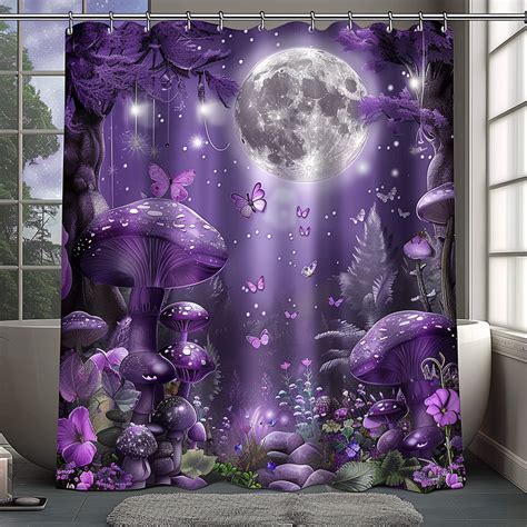 Purple And Silver Butterfly Print Shower Curtain With A Fantasy Forest