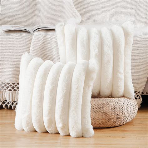 MADIZZ Plush Faux Fur Throw Pillow Covers 14x14 Inch Cream White Set Of