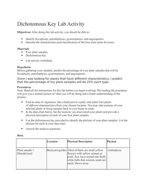 6 05a Dichotomous Key Lab Activity Dichotomous Key Lab Activity