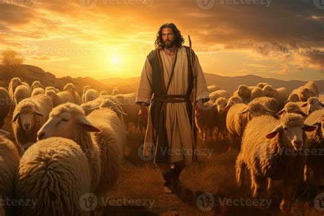 A Bible Jesus Shepherd With His Flock Of Sheep During Sunset