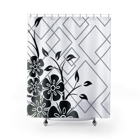 Black White And Gray Wildflower Shower Curtain Modern Bath Decor Floral