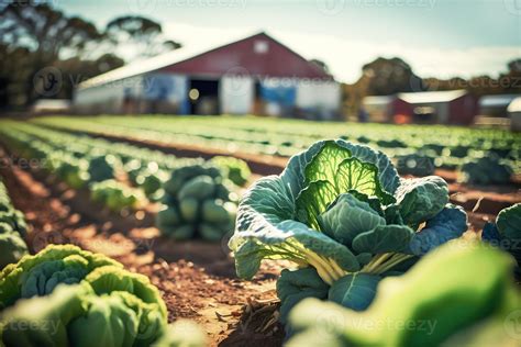 Agriculture Landscape With Organic Cabbages Growing On Vegetable Farm