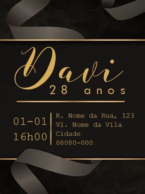 Convite de aniversário virtual masculino preto e dourado Edite Online