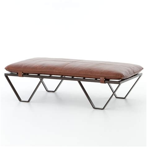 Darrow Tan Leather Ottoman with Geometric Metal Legs | Zin Home