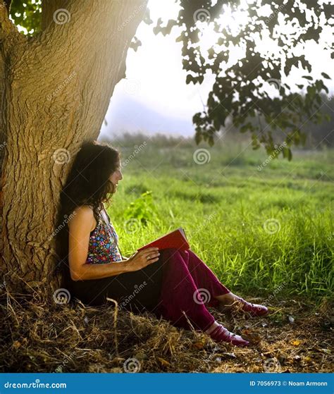 Woman Reading Book Under Tree Stock Image Image Of Enjoy Three 7056973