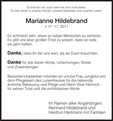 Traueranzeigen Von Marianne Hildebrand Trauer Hna De