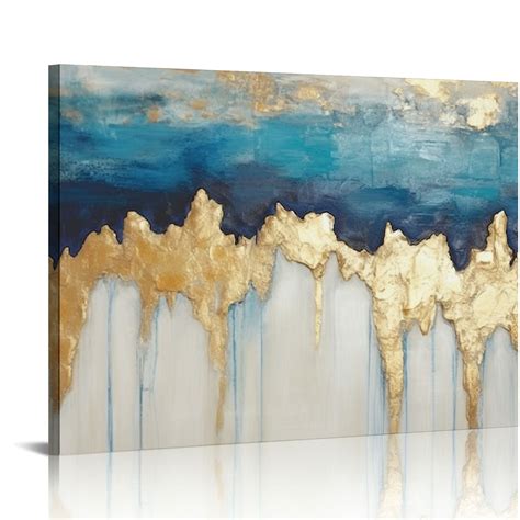 Gosmith Canvas Painting Wall Art Abstract Heavy Textured Hand Painted Dark Blue And Gold Foils