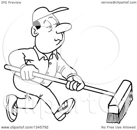 Outline Clipart of a Cartoon Black and White White Male Janitor Using a ...