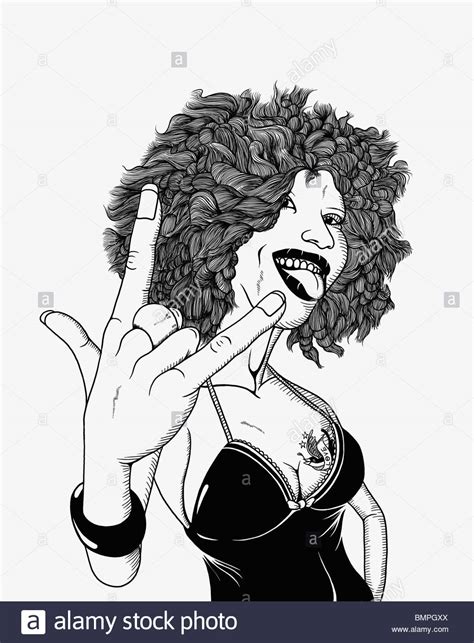 Woman Sticking Out Tongue And Gesturing Rock And Roll Sign Stock Photo