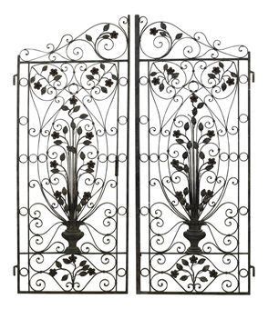 Two Wrought Iron Gates With Flowers And Leaves On Each Side Set