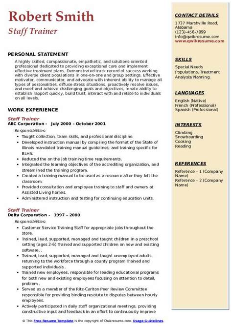 Staff Trainer Resume Samples Qwikresume