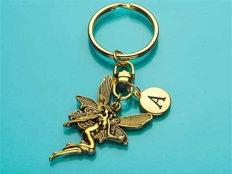 Fairy Keychain Gold Fairy Key Ring Sprite Nymph Initial Etsy