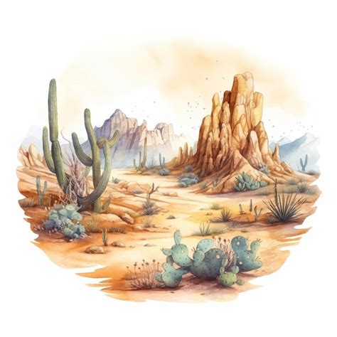 Premium AI Image | A watercolor painting of a desert landscape with cactuses and mountains.