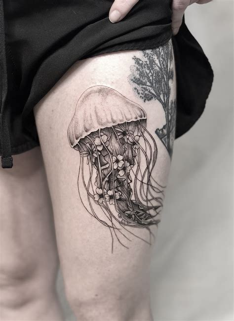 jellyfish black and grey ink, micro-realism, whip shading tattoo on a ...