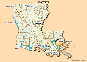 Map of major rivers and map of major lakes in the state of Louisiana, USA