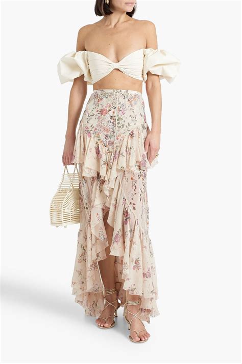 Camilla Embellished Ruffled Floral Print Silk Georgette Maxi Skirt