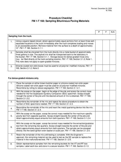 Fillable Online Procedure Checklist Fm T Sampling Bituminous