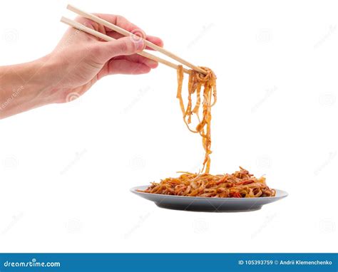 Hand Taking Chopsticks Noodles with a Plate on a White Isolated ...