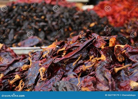 Heap of Dried Serrano Peppers on Counter at Market, Closeup. Space for Text Stock Image - Image ...