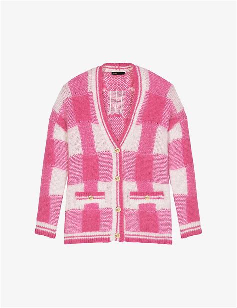 Maje Oversized Checked Jacquard Knit Cardigan In Pink Lyst