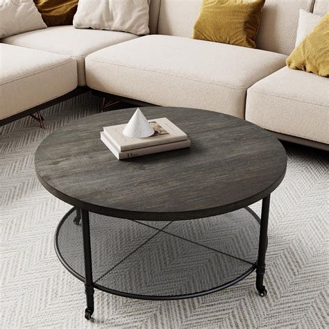 Round Industrial Coffee Table With Casters 2 Tier 354 Metal Frame Round Accent Cocktail Table