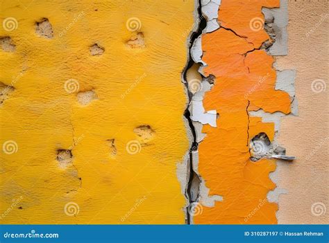 Close Up Badly Fixed Building Facade Wall Covered With Cracks In