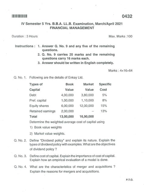 Financial Management Question Paper 2021 StuDocu