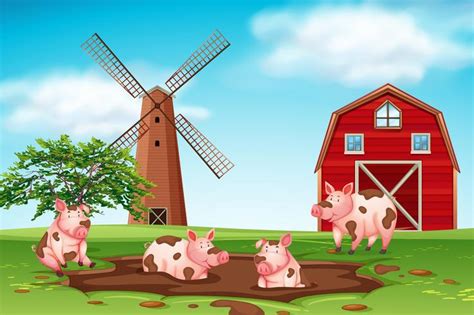 Pigs Playing In Mud Farm Scene 295044 Vector Art At Vecteezy