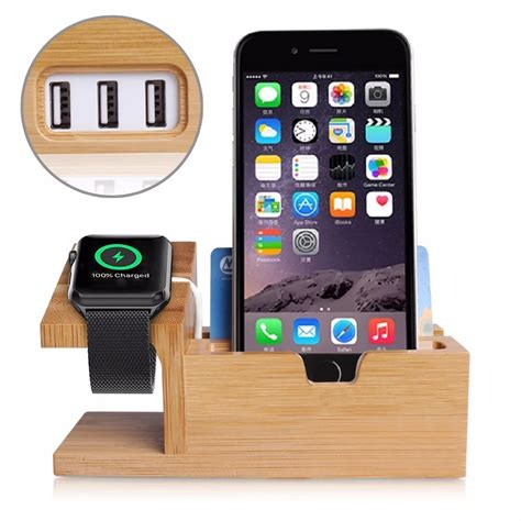 Bamboo Wood Holder Charging Station Desk Card Case Stand Charger 3 USB